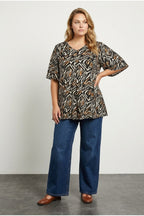 Plus Size V-Neck Pleated Front Short Sleeve Patterned Blouse