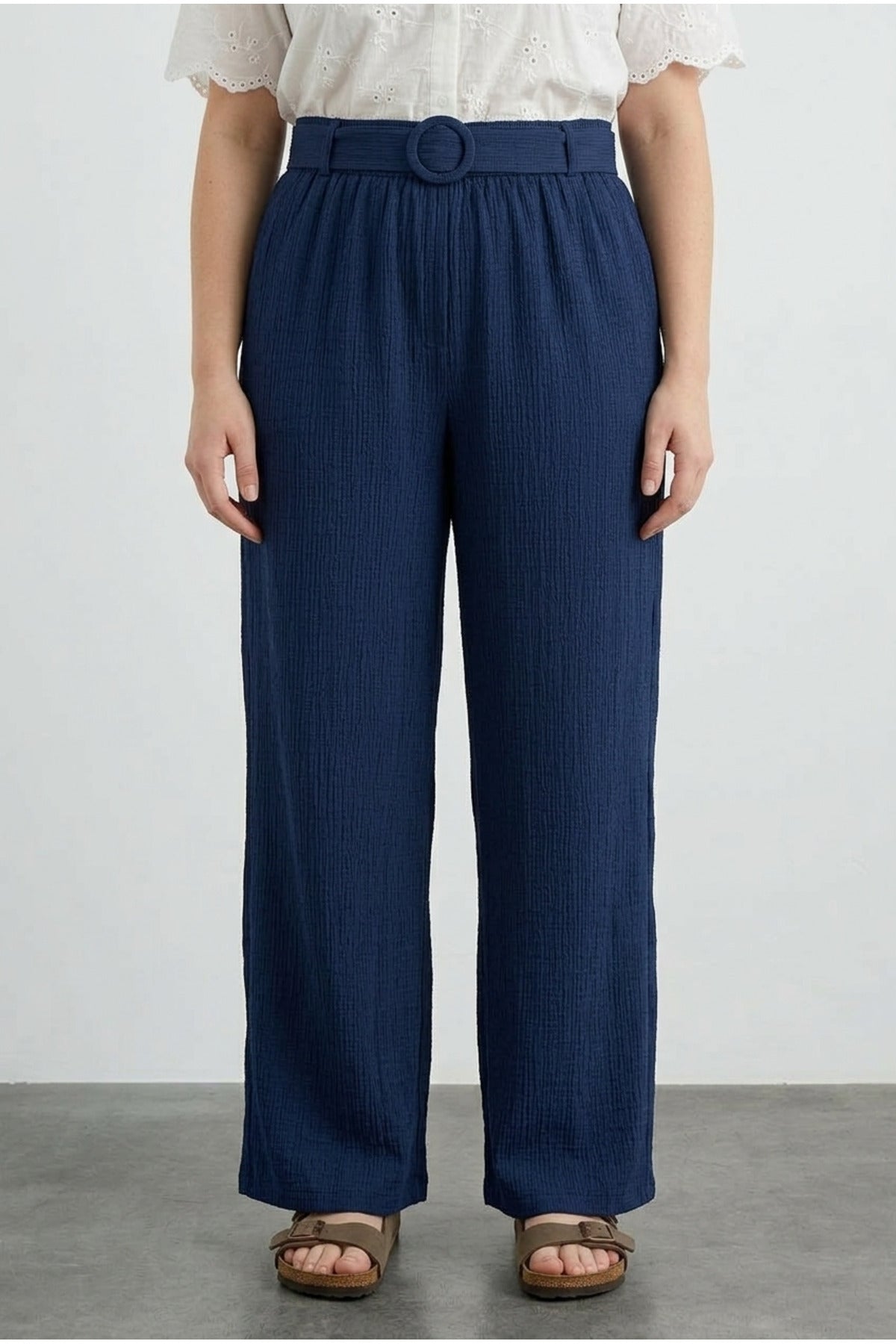 Plus Size Elastic Waist Wide Leg Crinkle Stretchy Pants with Pockets