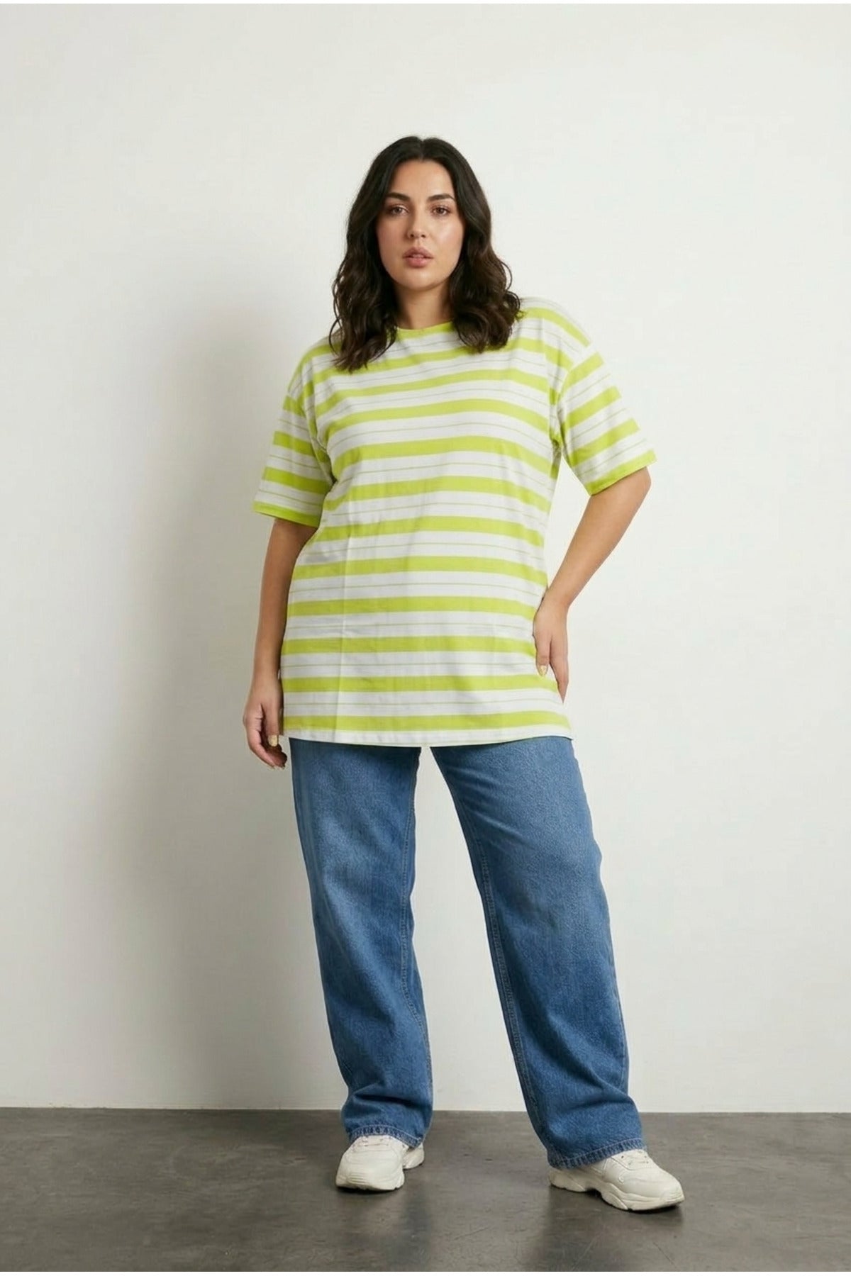 Plus Size Crew Neck Short Sleeve Striped Long Stretchy Fabric Tunic T-shirt
