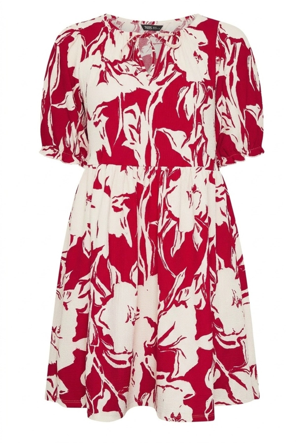 Plus Size Self-Tie Neck Floral Patterned Textured Jersey Above Knee Dress