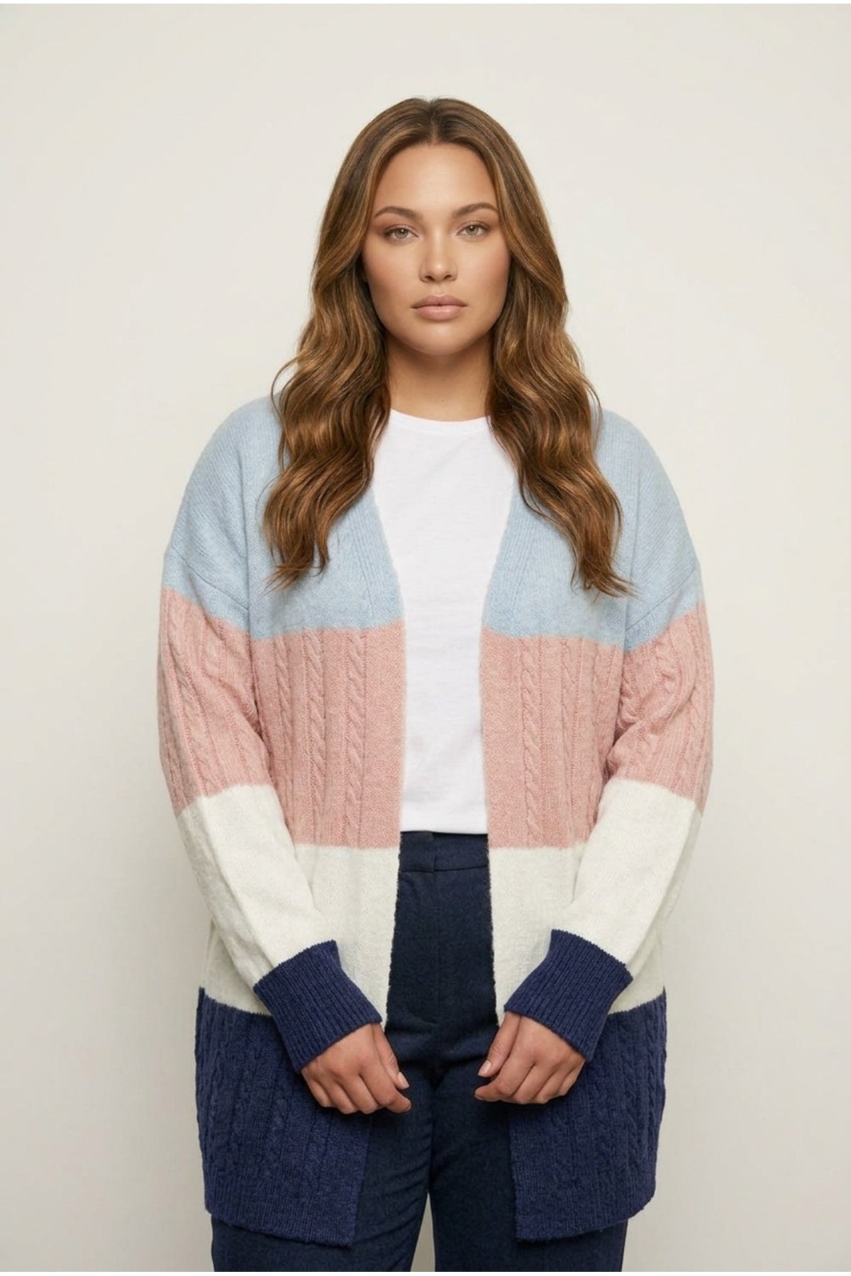 Plus Size Long Sleeve Open Front Color Block Knit Cardigan