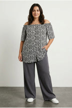 Plus Size Off-Shoulder Short Sleeve Button-Detailed Patterned Blouse