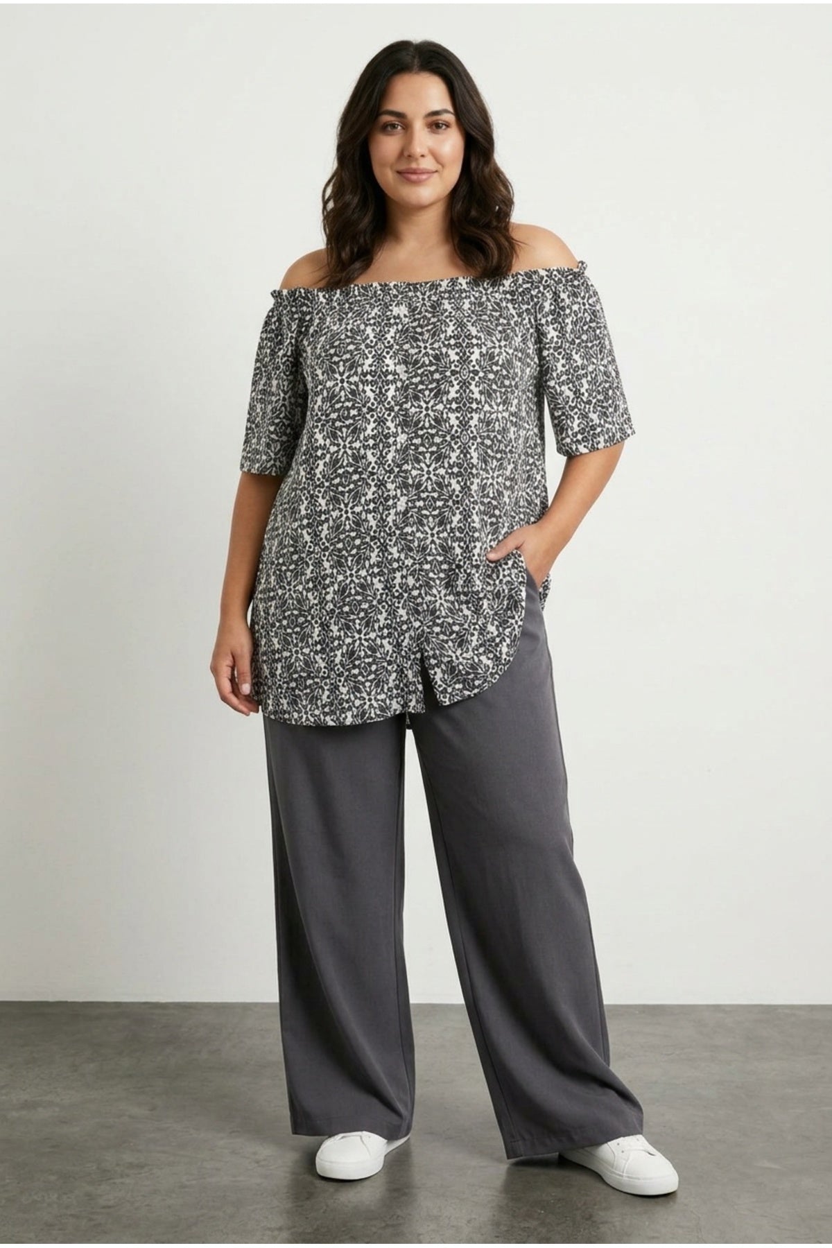Plus Size Off-Shoulder Short Sleeve Button-Detailed Patterned Blouse