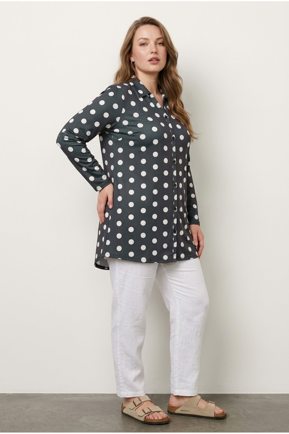Plus Size Polka Dot Long Sleeve Stretchy Fabric Polyester Shirt