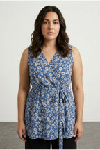 Plus Size V-Neck Sleeveless Floral Patterned Belted Wrap Blouse