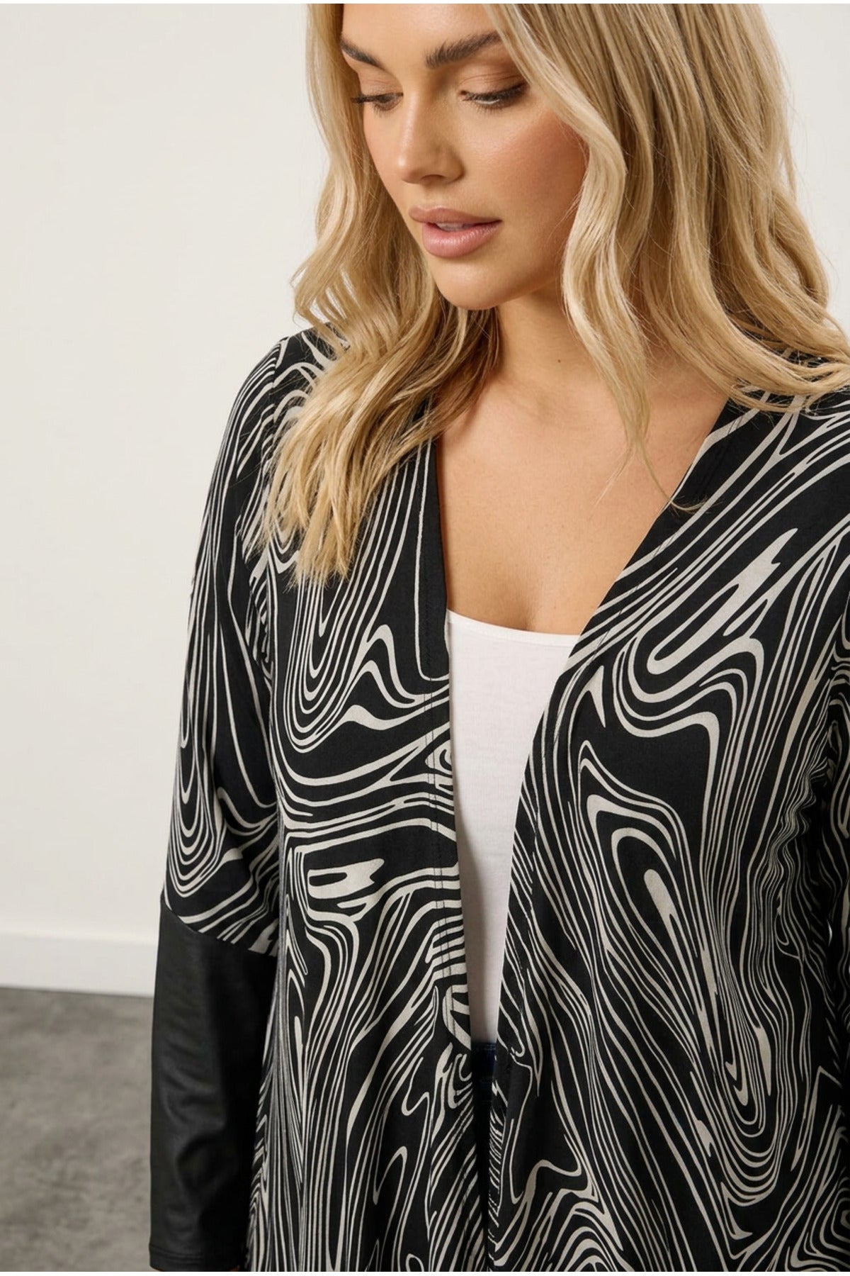 Plus Size Long Sleeve Leather Detailed Open Front Cardigan