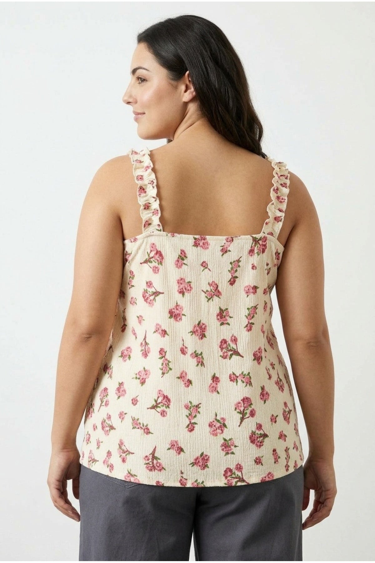 Plus Size Floral Print Crinkle Fabric Square Neck Sleeveless Blouse
