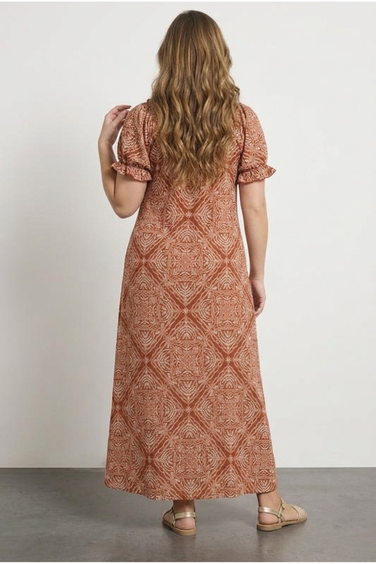 Plus Size Square Neck Long Dress with Ruffled Sleeves, Tie Detail, and Stretchy Fabric