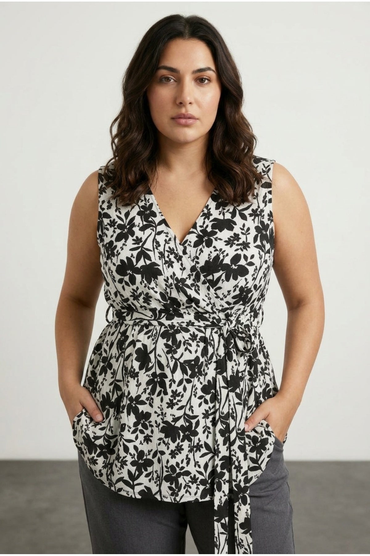 Plus Size V-Neck Sleeveless Patterned Blouse with Front Tie
