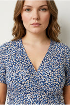 Plus Size V-Neck Patterned Belted Short Sleeve Wrap Dress