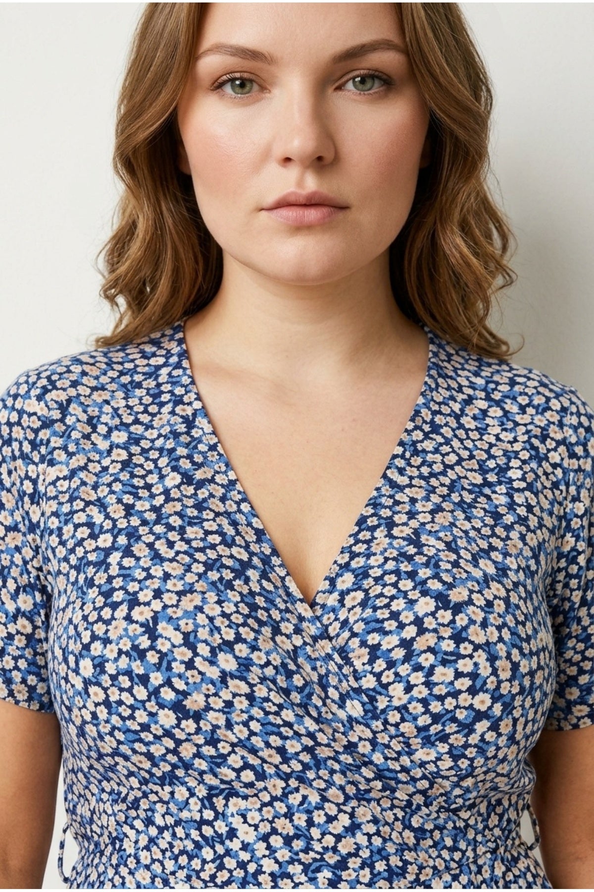 Plus Size V-Neck Patterned Belted Short Sleeve Wrap Dress