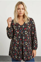 Plus Size Long Sleeve V-Neck Pleated Front Floral Print Blouse