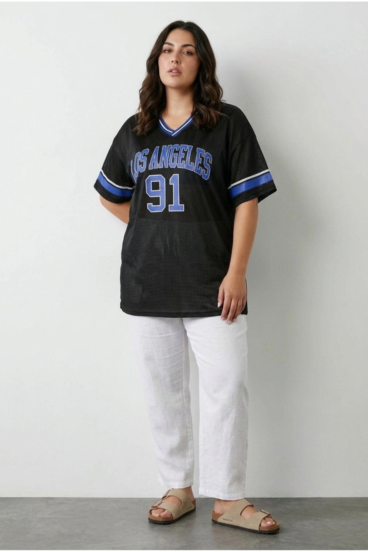 Plus Size V-Neck Short Sleeve Printed Mesh T-shirt