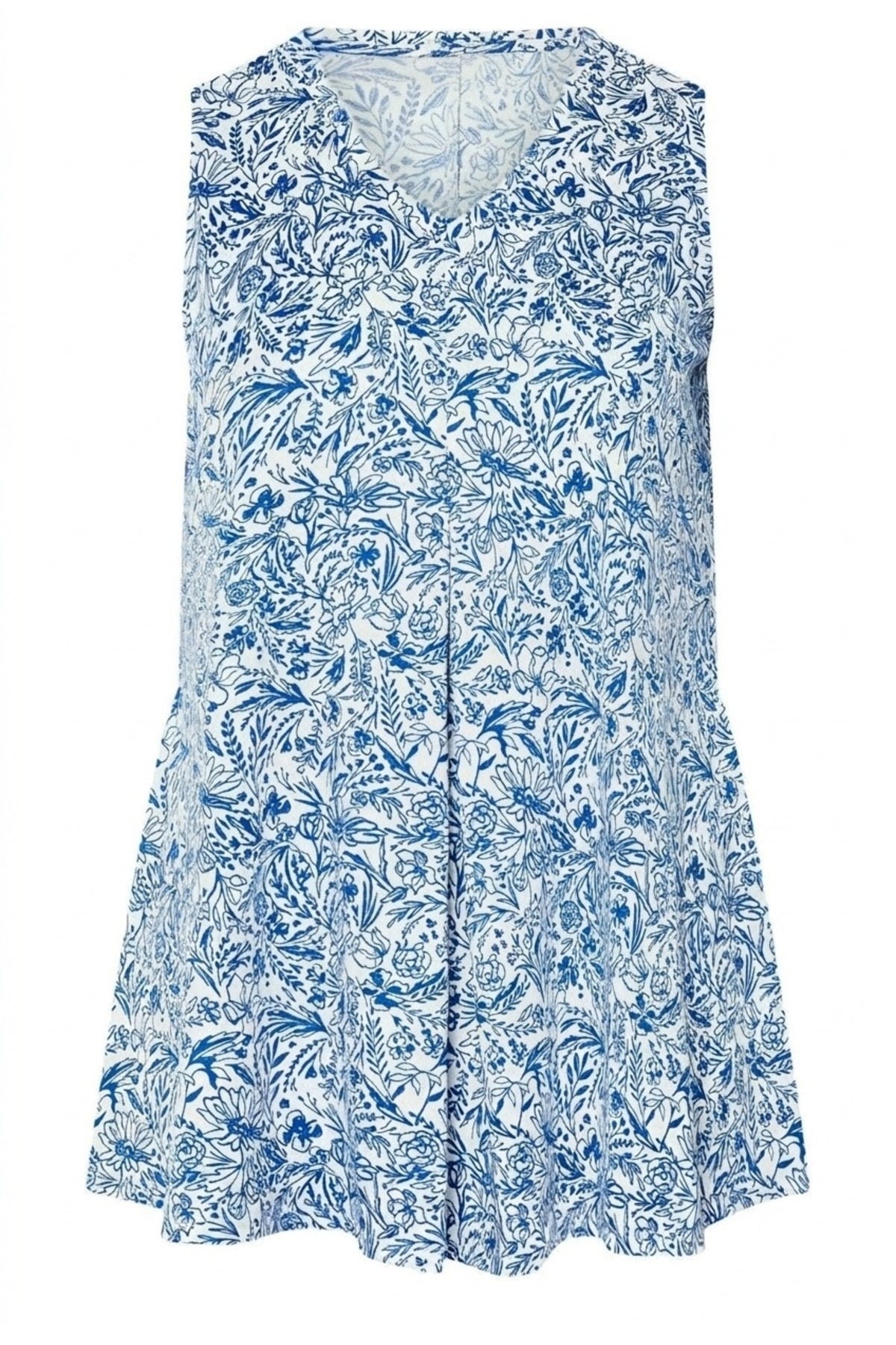 Plus Size V-Neck Pleated Front Sleeveless Floral Print T-shirt