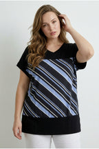 Plus Size V-Neck Short Sleeve Striped Stretchy Fabric T-shirt