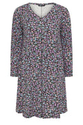 Plus Size V-Neck Long Sleeve Patterned Midi Length Dress