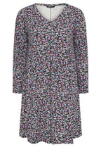 Plus Size V-Neck Long Sleeve Patterned Midi Length Dress