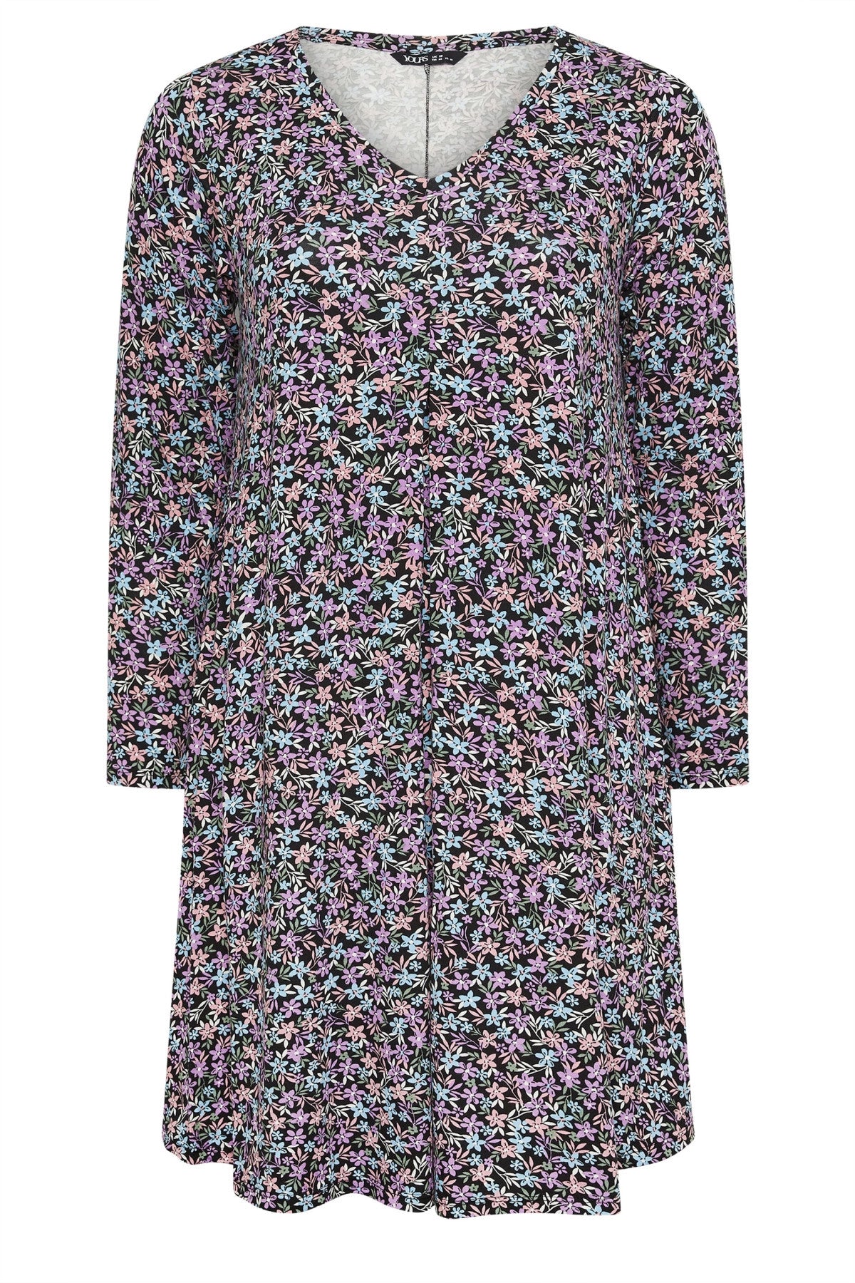 Plus Size V-Neck Long Sleeve Patterned Midi Length Dress