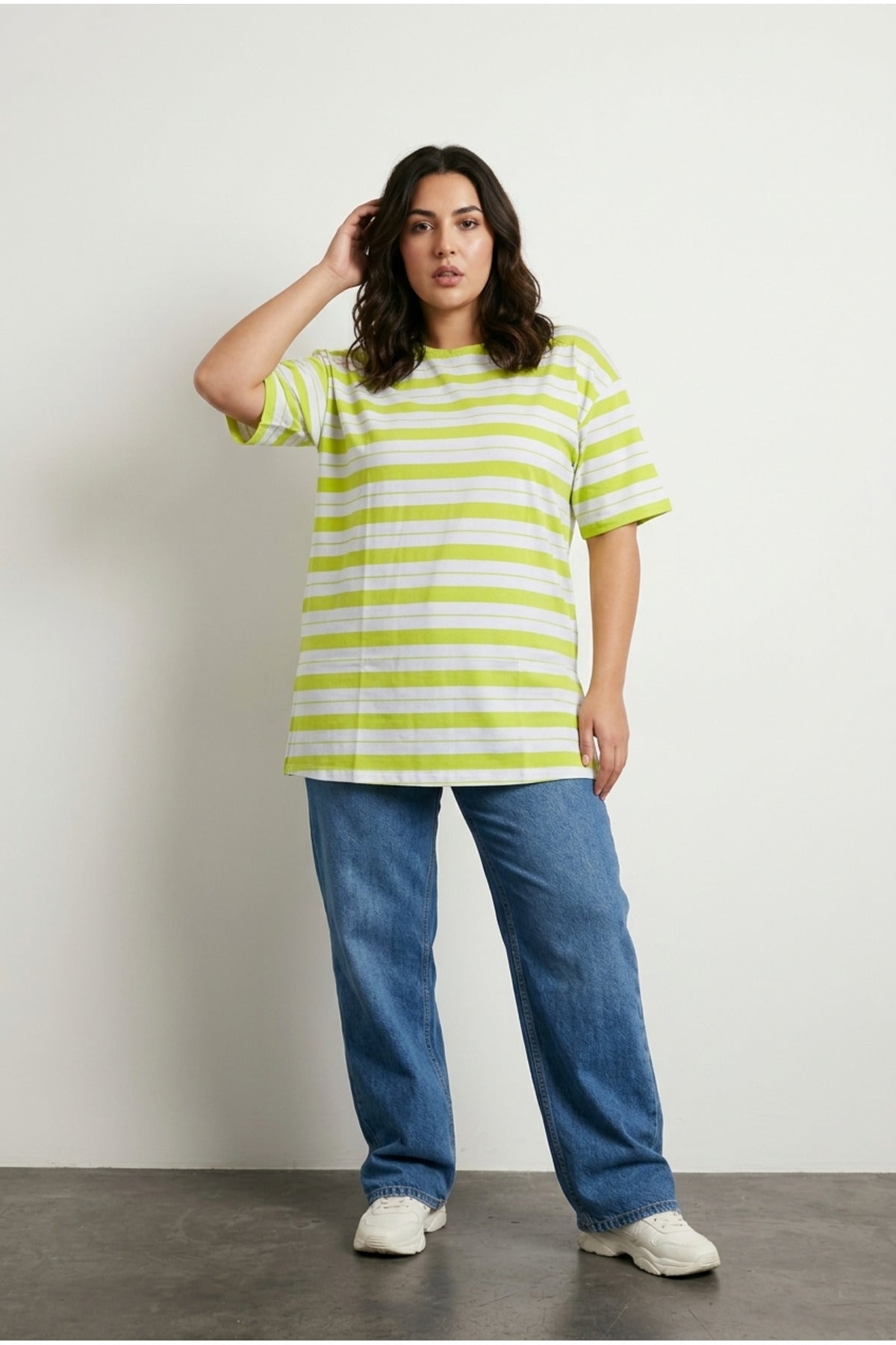 Plus Size Crew Neck Short Sleeve Striped Long Stretchy Fabric Tunic T-shirt