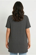Plus Size Crew Neck Short Sleeve Shoulder Stud Detail Stretchy Fabric Striped Long T-shirt