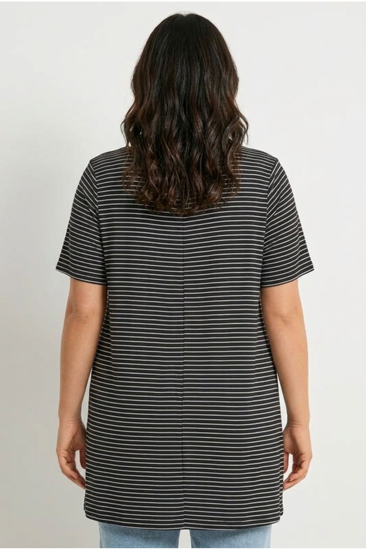 Plus Size Crew Neck Short Sleeve Shoulder Stud Detail Stretchy Fabric Striped Long T-shirt