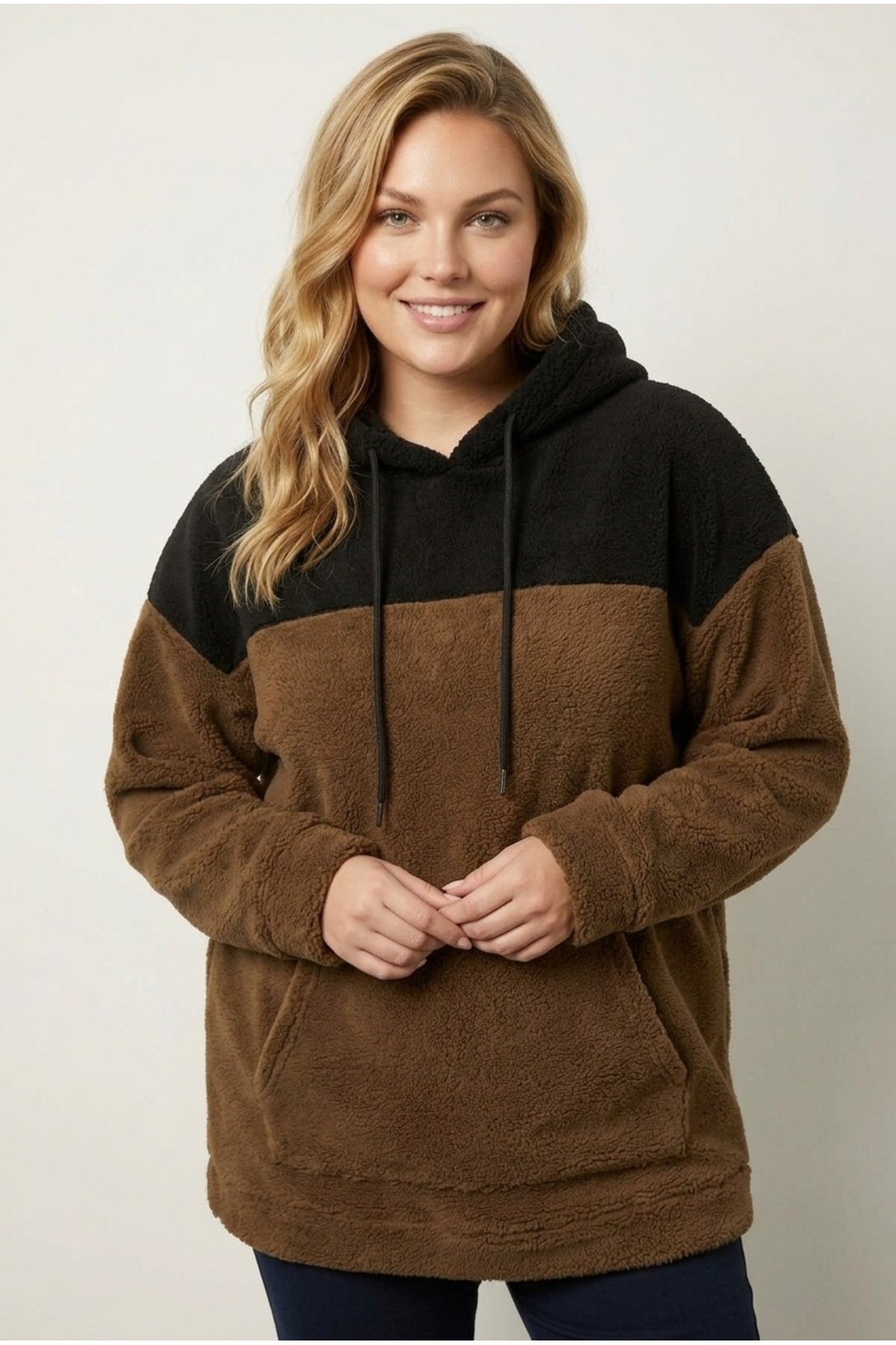 Plus Size Long Sleeve Hooded and Pocketed Plush Sweatshirt