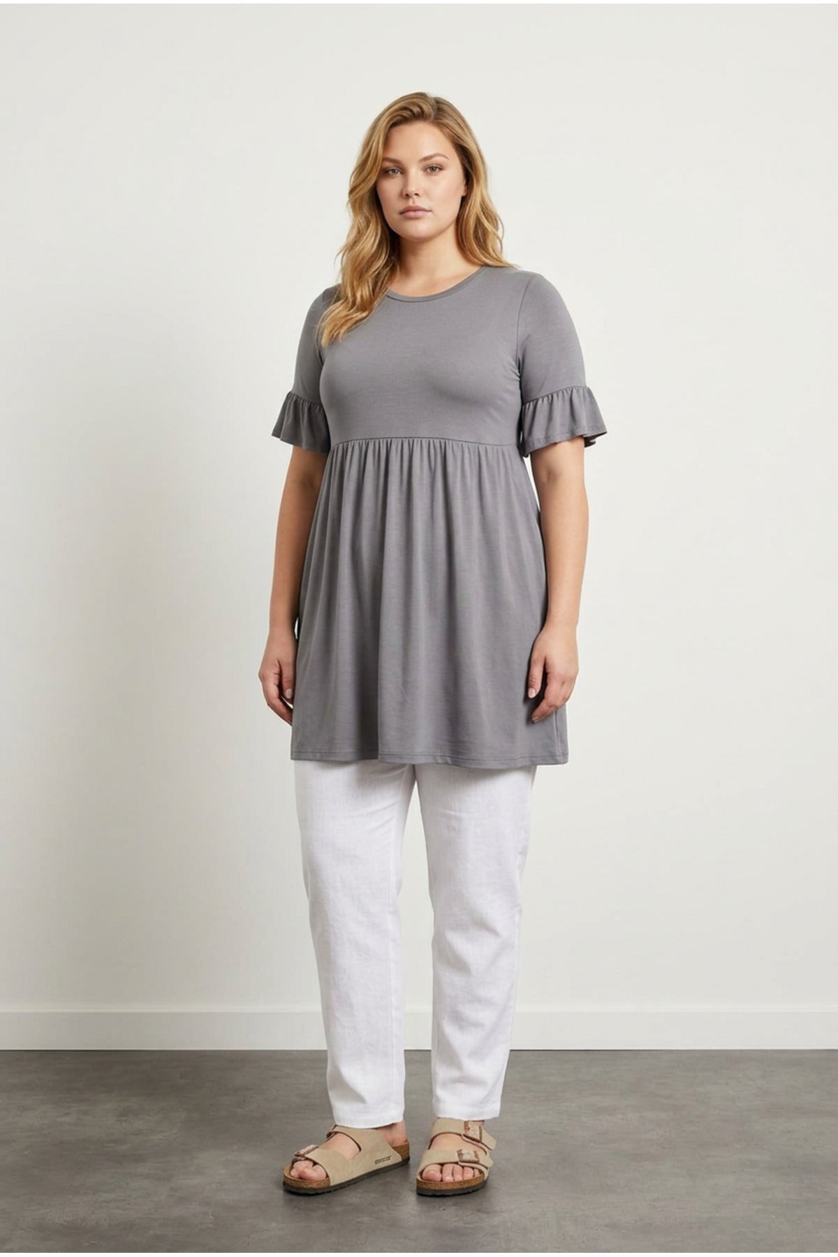 Plus Size Sleeve Detailed, Elasticated Waist, Pleated Tunic T-shirt