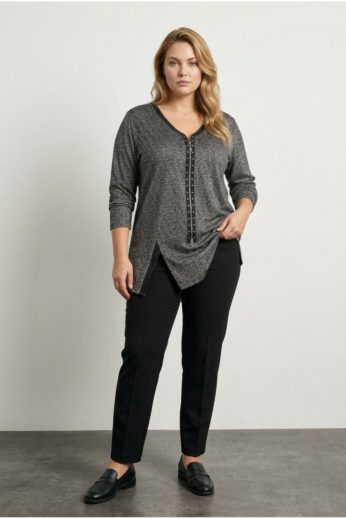 Plus Size V-Neck Front Zippered Blouse with Slit Detail