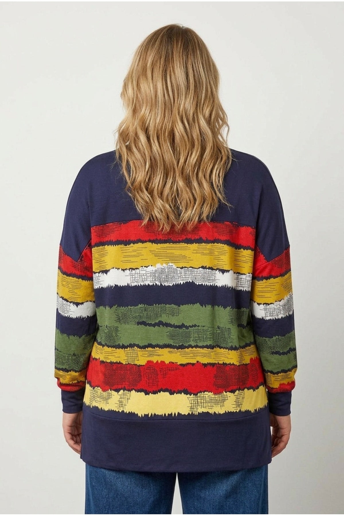 Plus Size V-Neck Striped Side Slit Long Sleeve Blouse