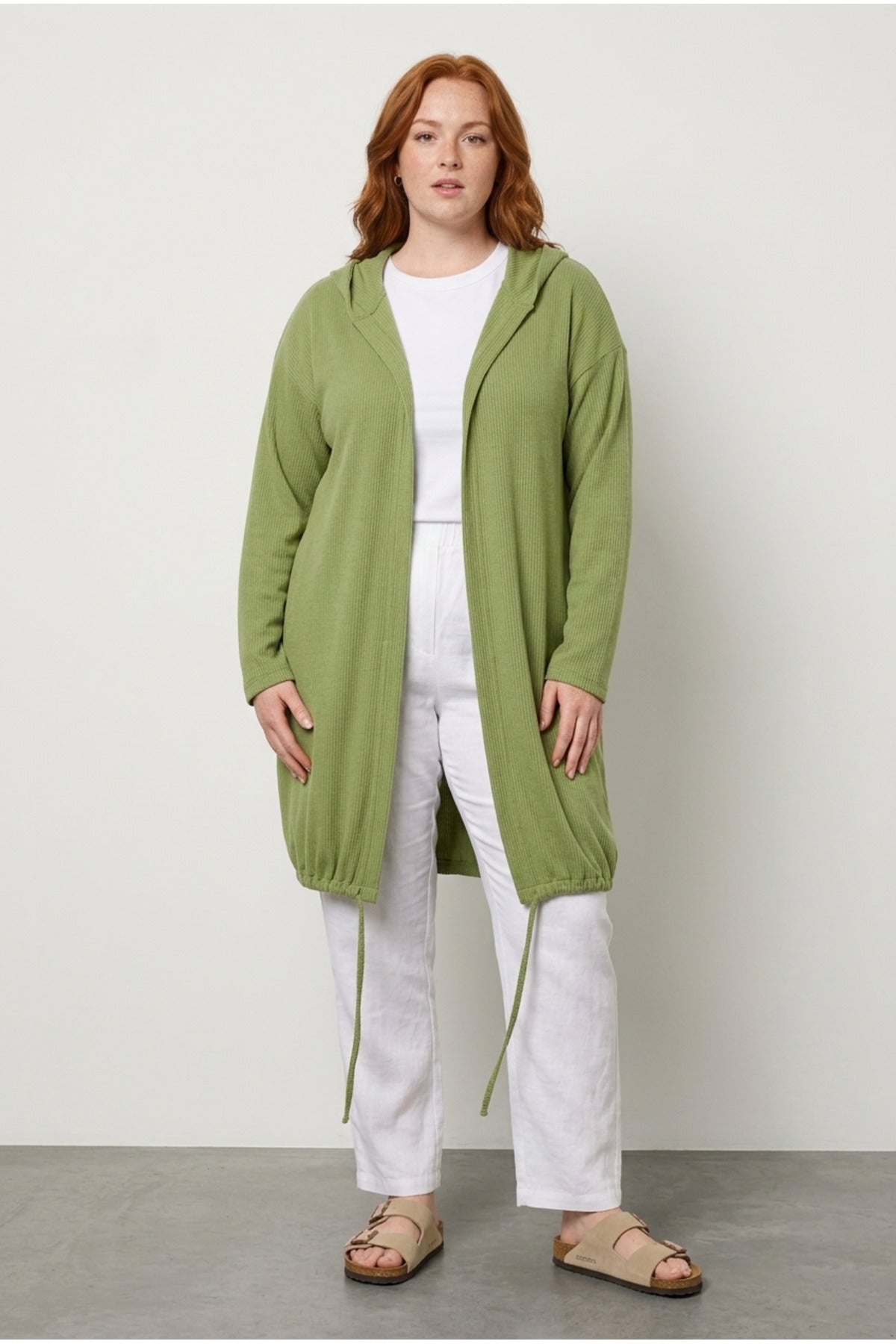 Plus Size Open Front Hooded Long Cardigan with Stretchy Fabric
