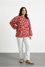 Plus Size Ruched Neck Long Sleeve Patterned Blouse