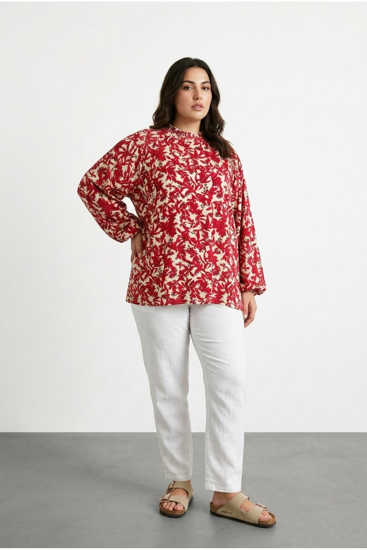 Plus Size Ruched Neck Long Sleeve Patterned Blouse