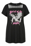 Plus Size Crew Neck Cut-Out Detailed Printed Short Sleeve T-shirt