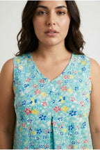 Plus Size V-Neck Sleeveless Floral Patterned Long T-shirt