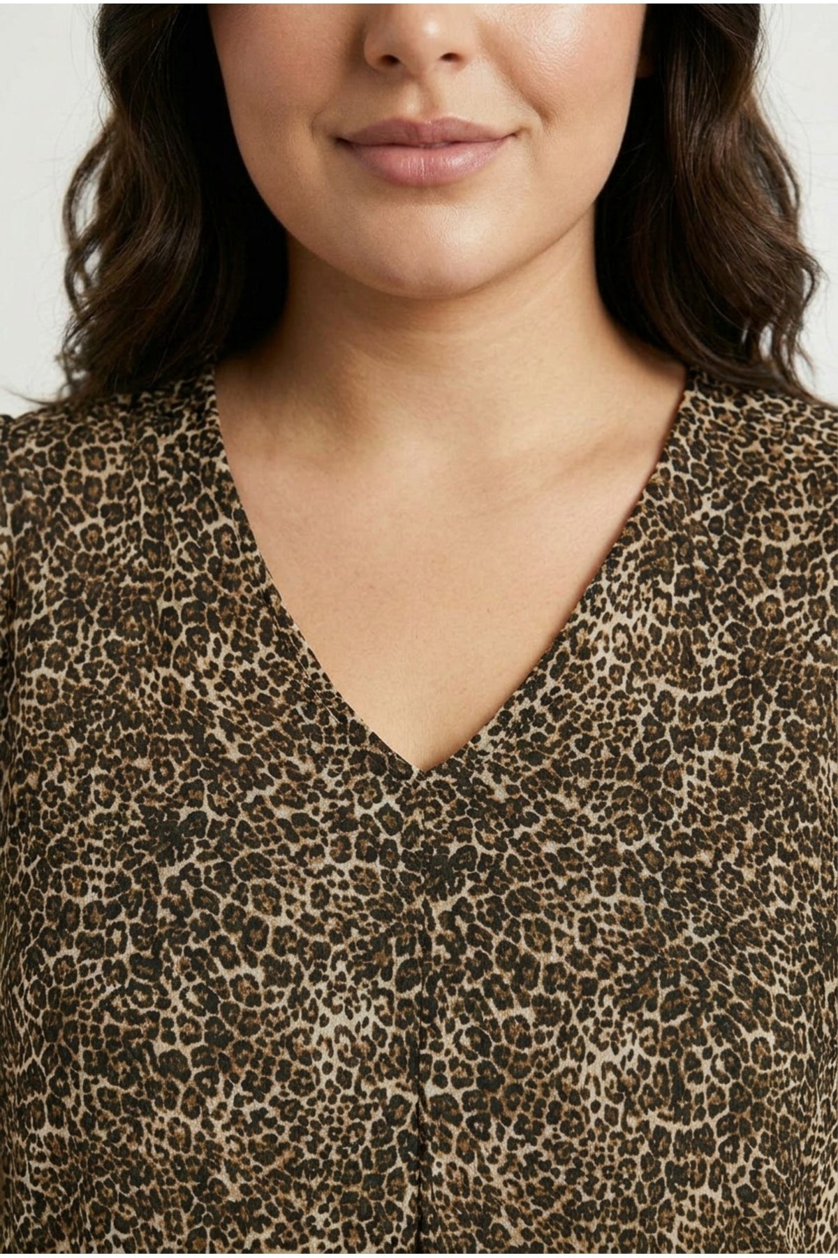 Plus Size V-Neck Blouse with Tulle Detail Sleeves and Leopard Print