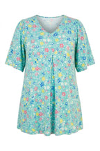 Plus Size V-Neck Short Sleeve Floral Patterned Long T-shirt