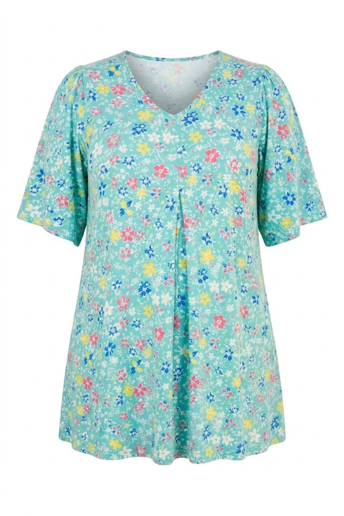 Plus Size V-Neck Short Sleeve Floral Patterned Long T-shirt