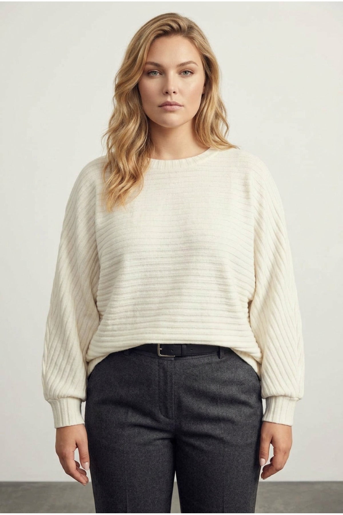 Plus Size Long Sleeve Elastic Waist Crew Neck Ribbed Sweater