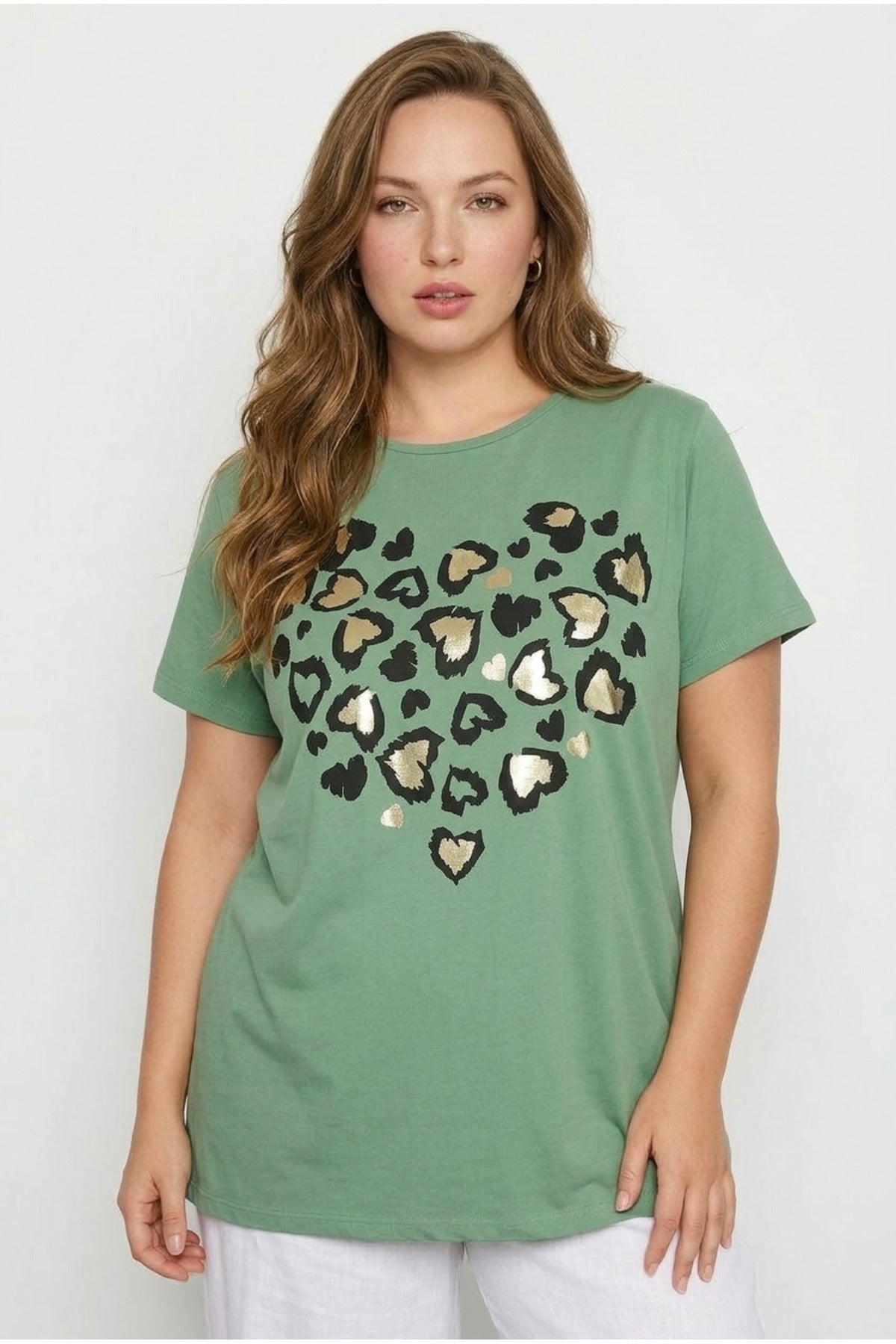 Plus Size Crew Neck Short Sleeve Shiny Printed Stretchy Fabric T-shirt