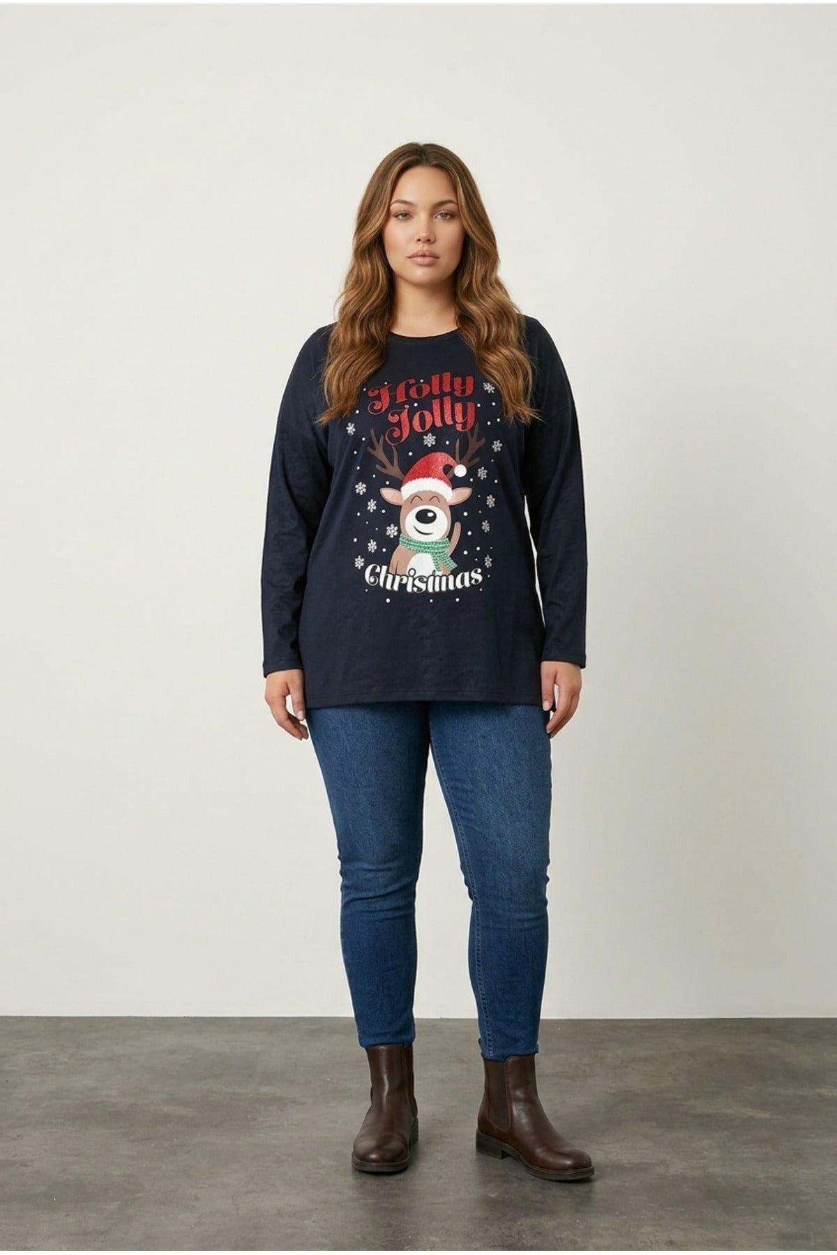Plus Size Christmas Themed Crew Neck Long Sleeve Slitted Sweatshirt