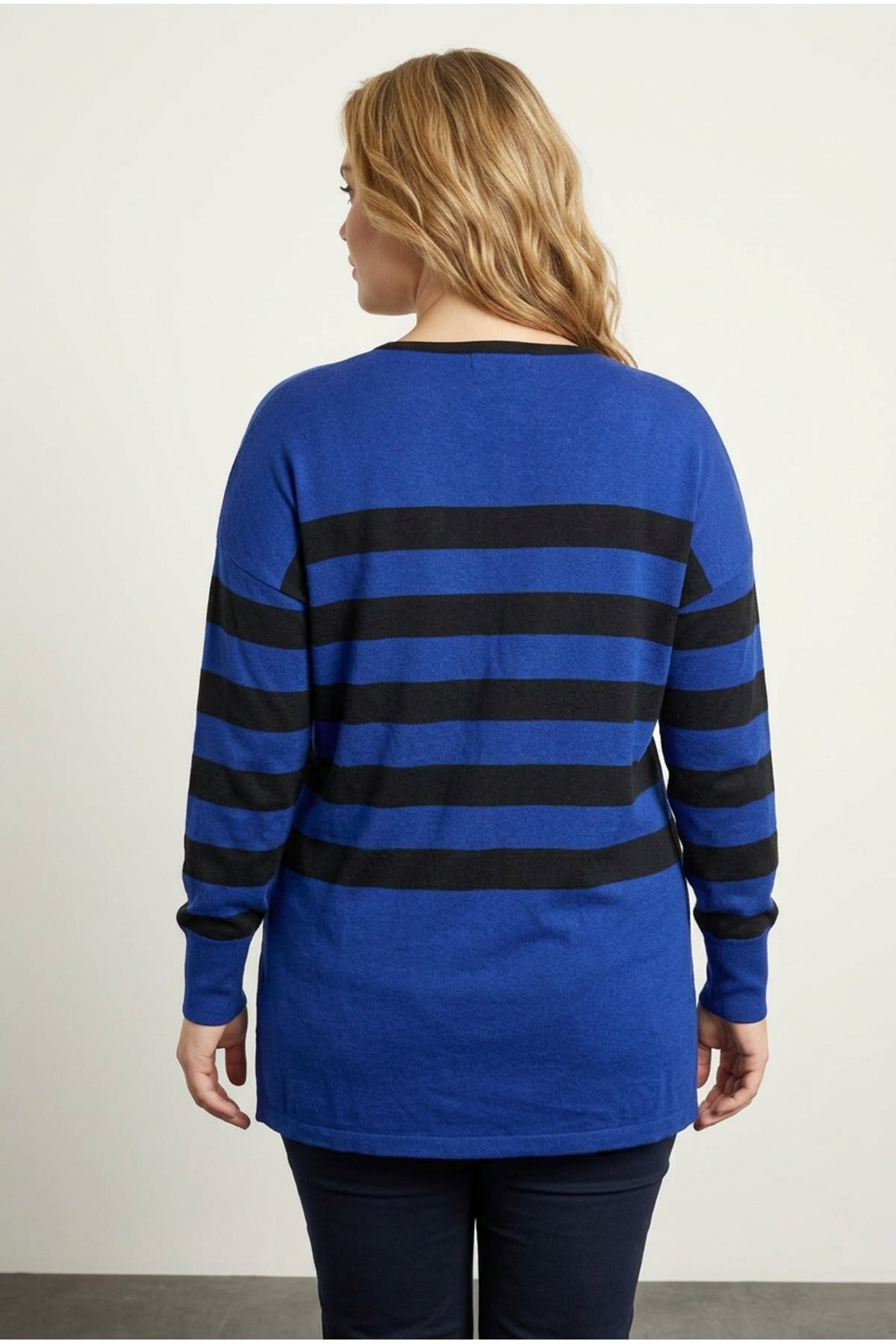 Plus Size V-Neck Striped Slit Detail Thin Fabric Long Blouse