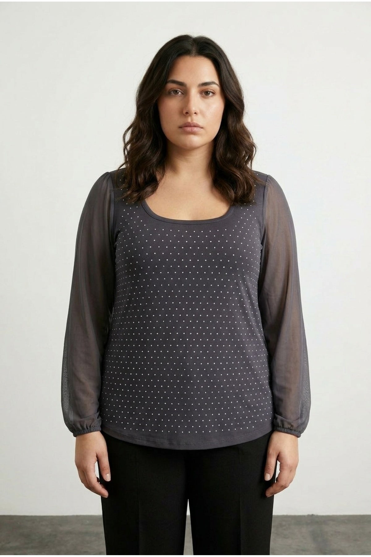 Plus Size Long Tulle Sleeve Stone Embellished Front Crew Neck Blouse