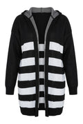 Plus Size Long Sleeve Pocketed Hooded Striped Knitted Cardigan