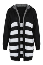 Plus Size Long Sleeve Pocketed Hooded Striped Knitted Cardigan