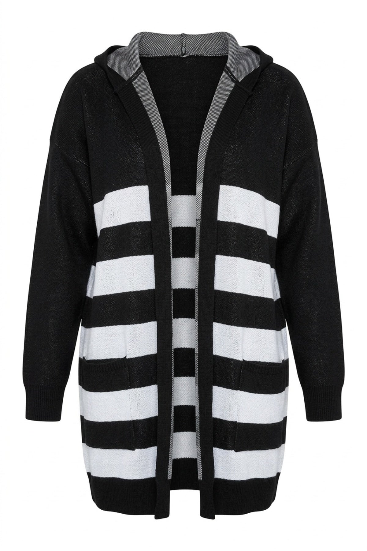 Plus Size Long Sleeve Pocketed Hooded Striped Knitted Cardigan