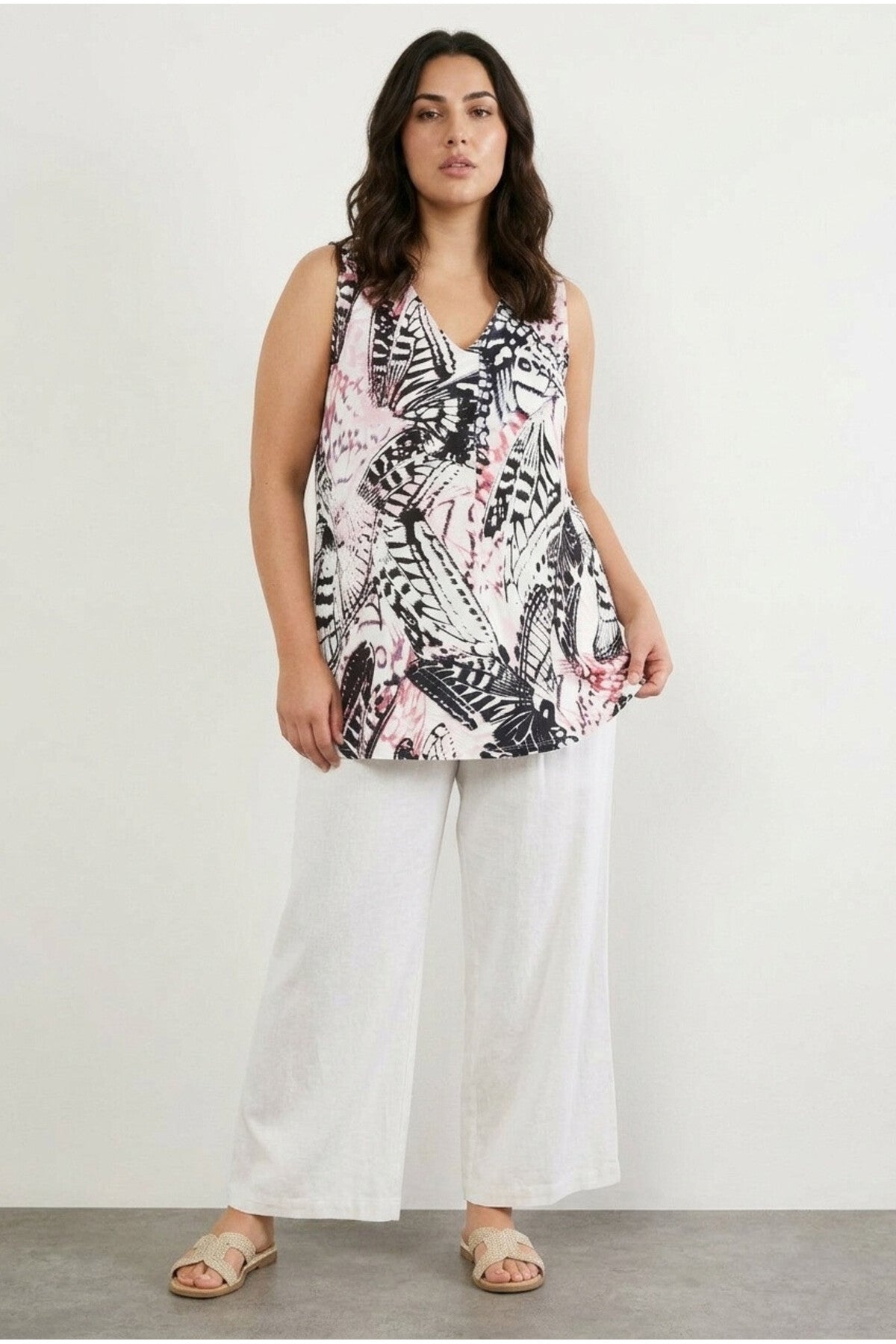 Plus Size V-Neck Sleeveless Patterned Asymmetrical Cut T-shirt