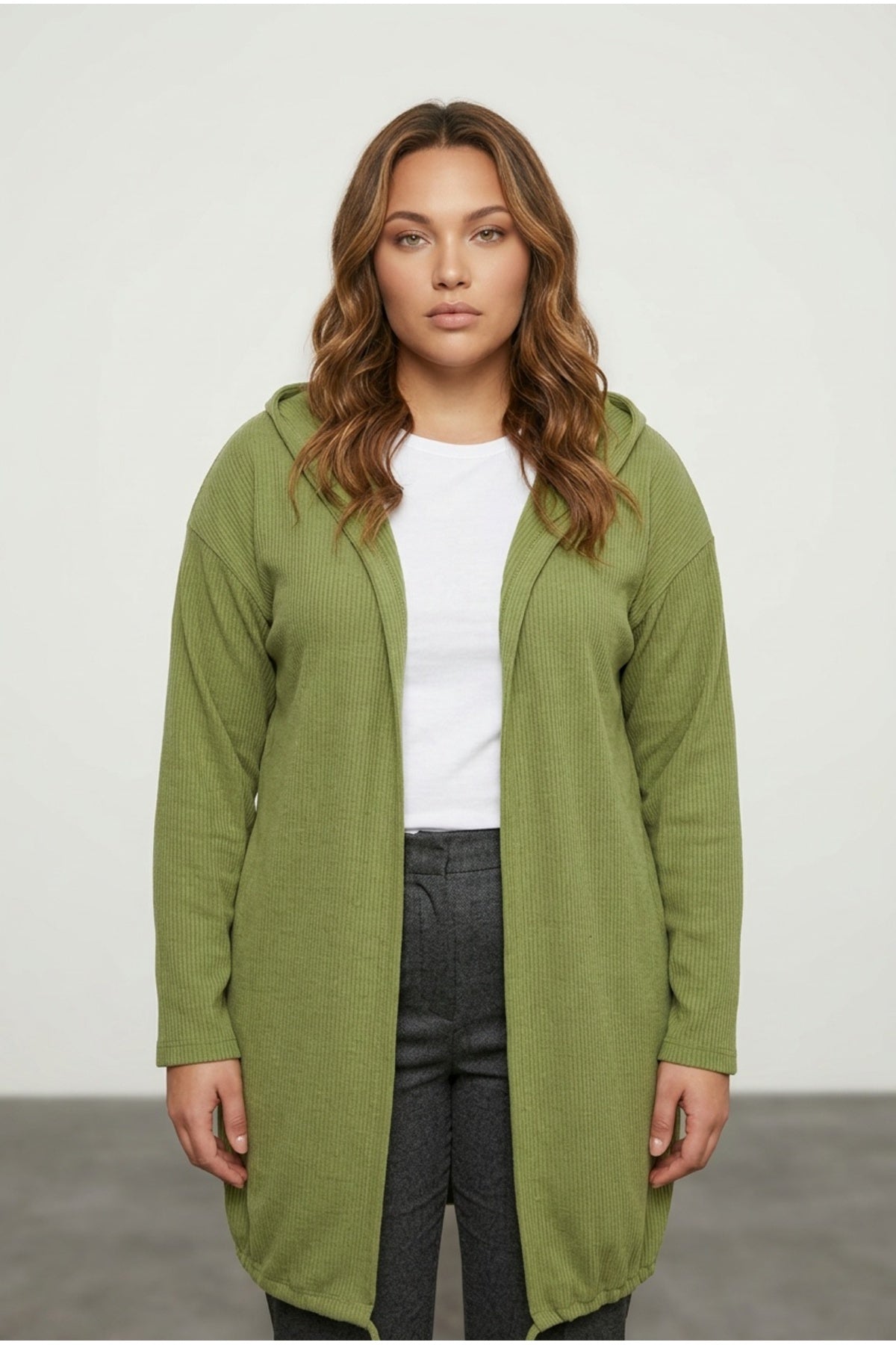 Plus Size Long Sleeve Hooded Open Front Ribbed Cardigan