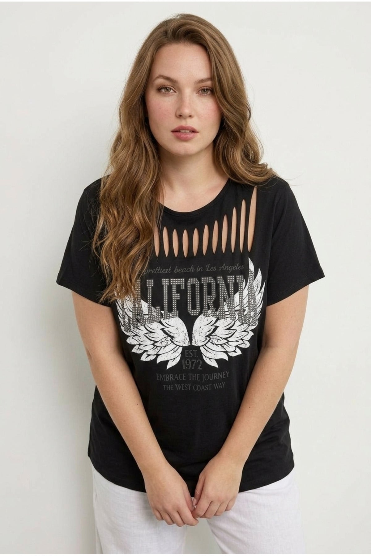 Plus Size Crew Neck Short Sleeve Slash Detail Printed Stretchy Fabric T-shirt