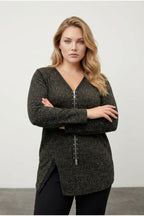 Plus Size V-Neck Front Zippered Slit Detail Leopard Print Blouse