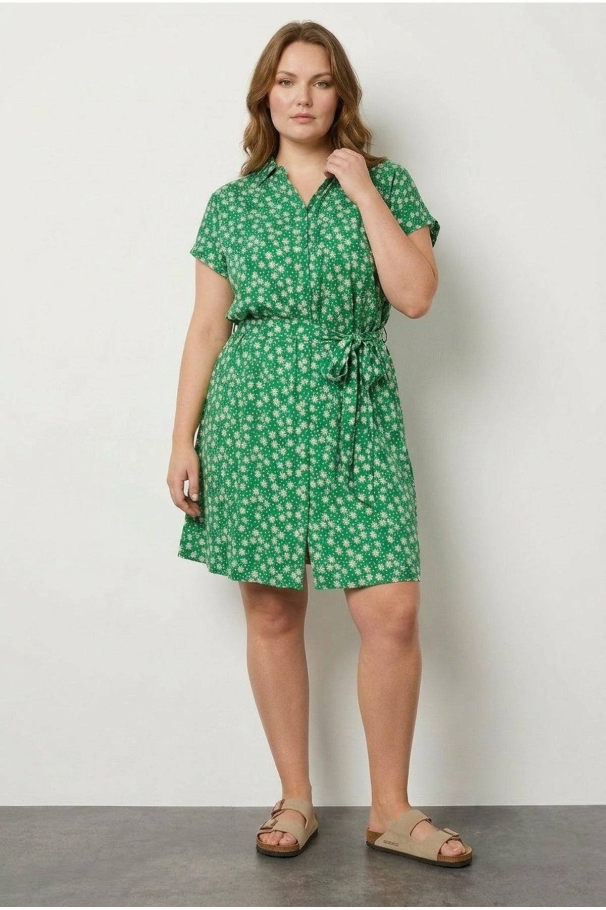 Plus Size Polo Neck Short Sleeve Floral Print Button Detail Belted Dress